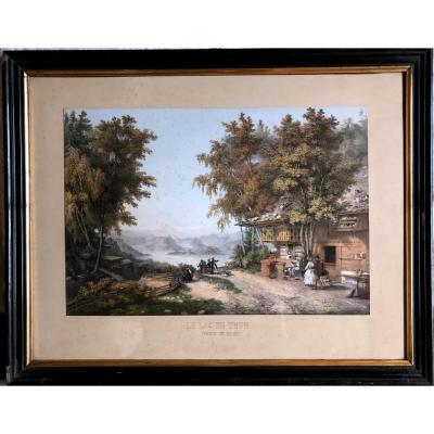 "view On The Lake Of Thun" Canton Of Bern, Aquatint Around 1840-1850, By Thénot