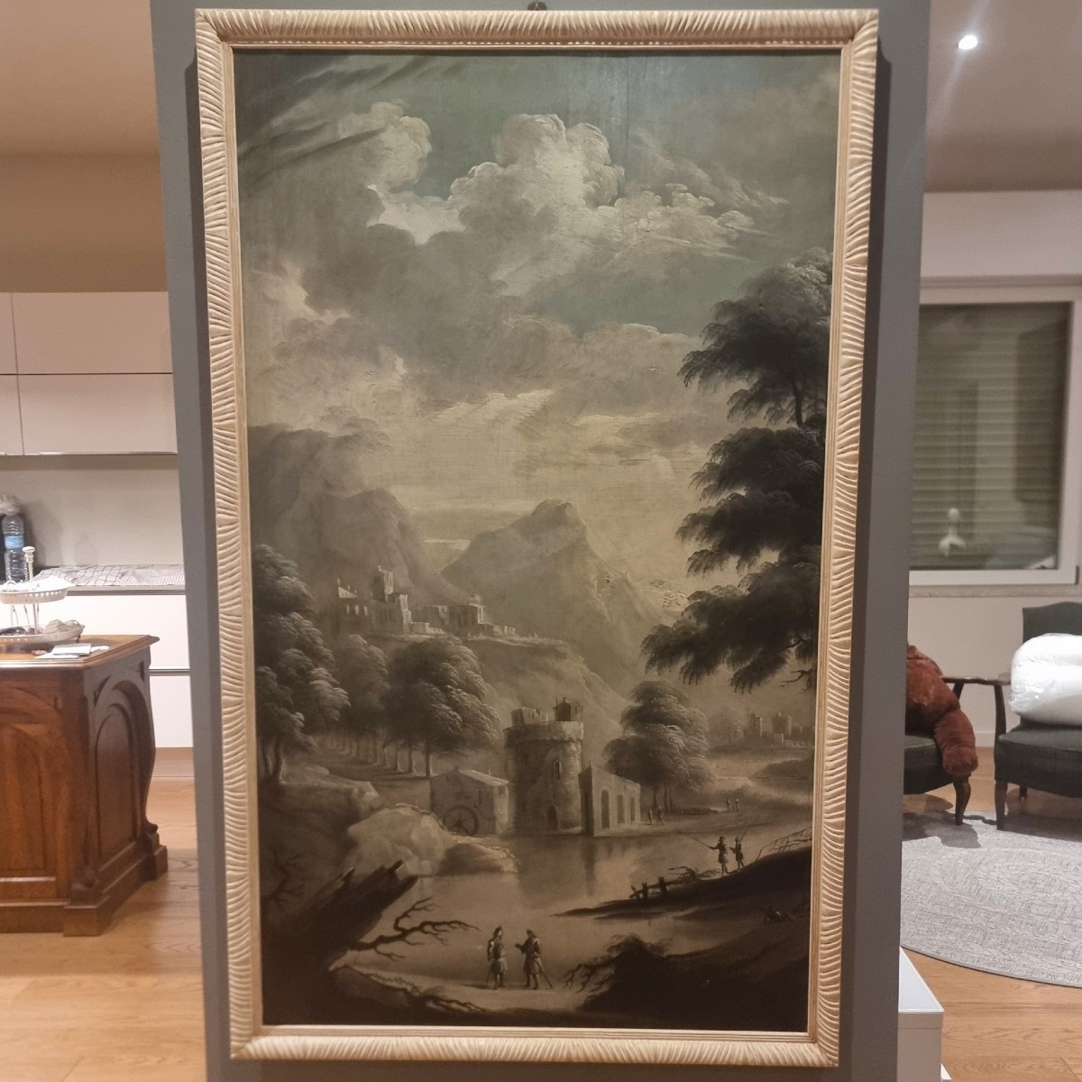 Olio su tavola lignea  700 grisaglia paesaggio Italiano  