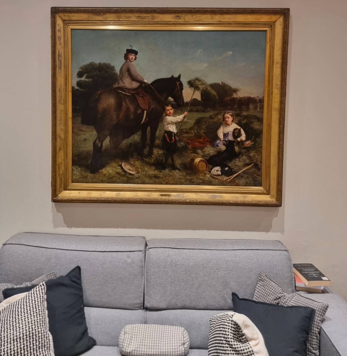 Olio su tela 800 paesaggio con dama a cavallo e fanciulli-Charles James 1851-1906-photo-2
