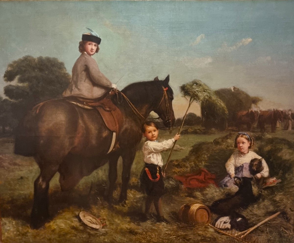 Olio su tela 800 paesaggio con dama a cavallo e fanciulli-Charles James 1851-1906-photo-3