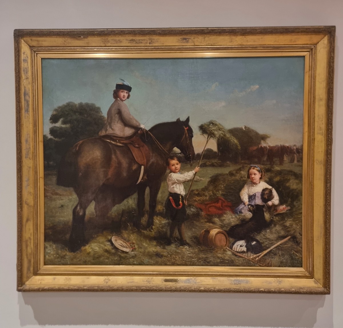Olio su tela 800 paesaggio con dama a cavallo e fanciulli-Charles James 1851-1906