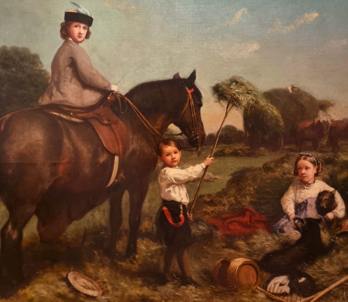 Olio su tela 800 paesaggio con dama a cavallo e fanciulli-Charles James 1851-1906-photo-3