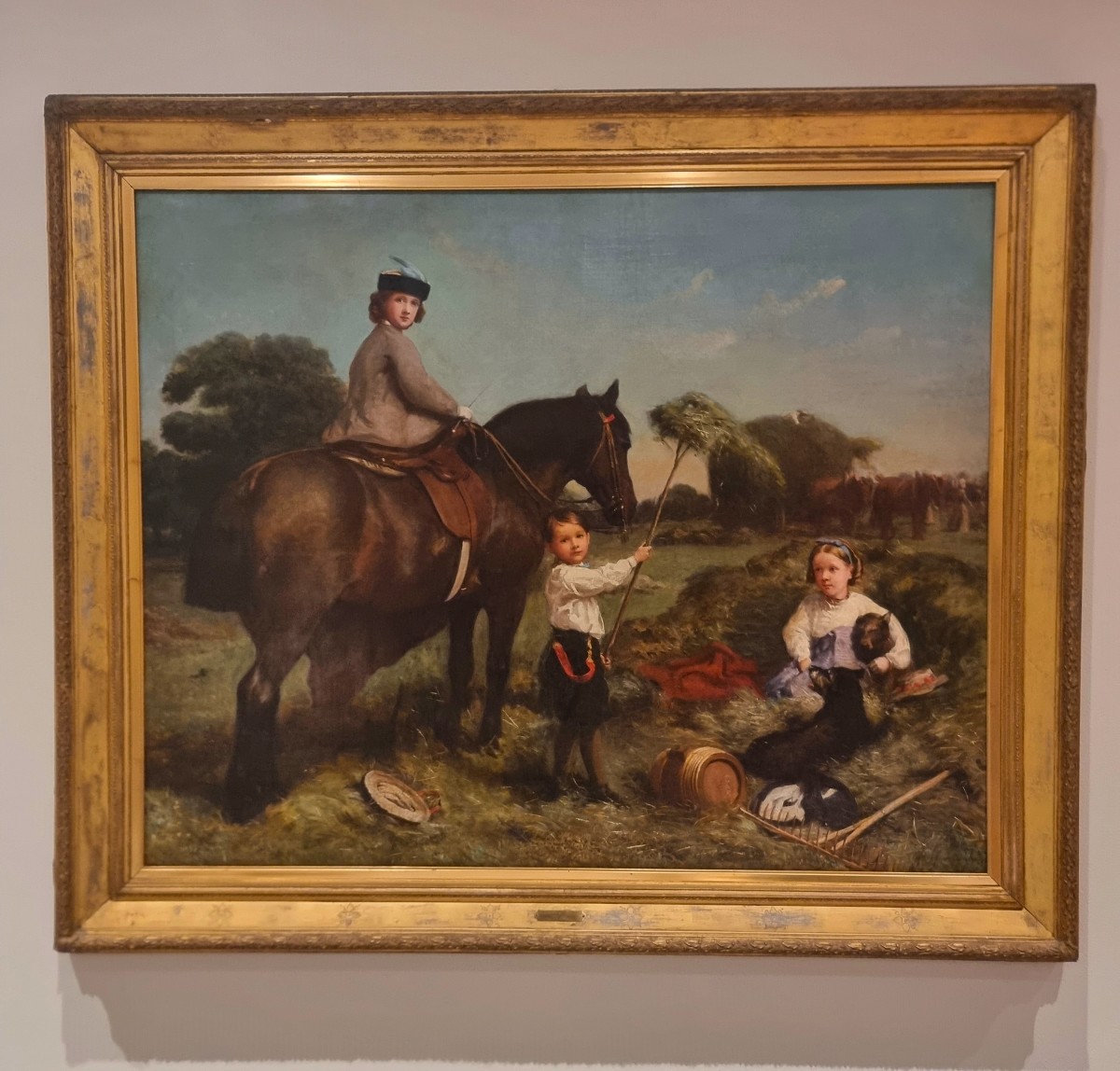 Olio su tela 800 paesaggio con dama a cavallo e fanciulli-Charles James 1851-1906