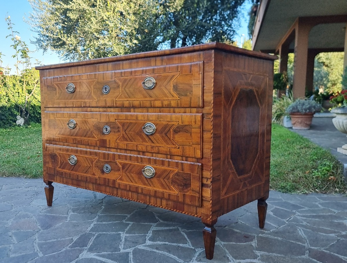 Cassettone Modenese del 700 Luigi XVI in noce con diverse essenze ed intarsi-photo-3