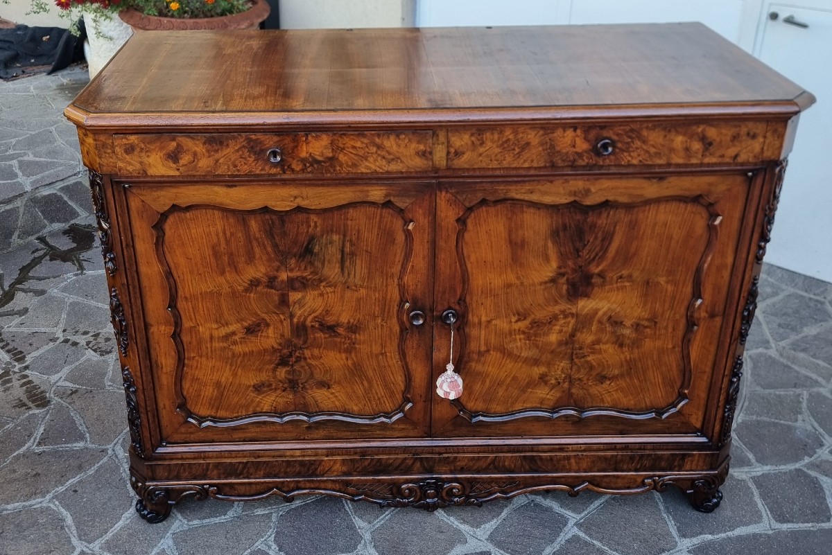 Coppia di credenze bolognesi 1830 Carlo X in radica di noce-photo-3