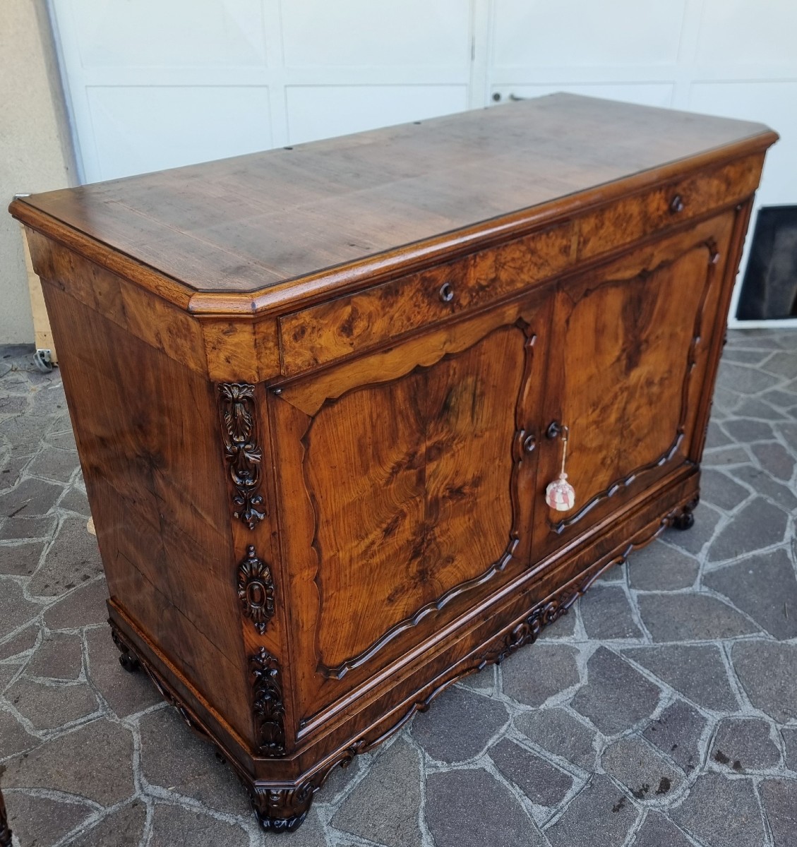 Coppia di credenze bolognesi 1830 Carlo X in radica di noce-photo-2