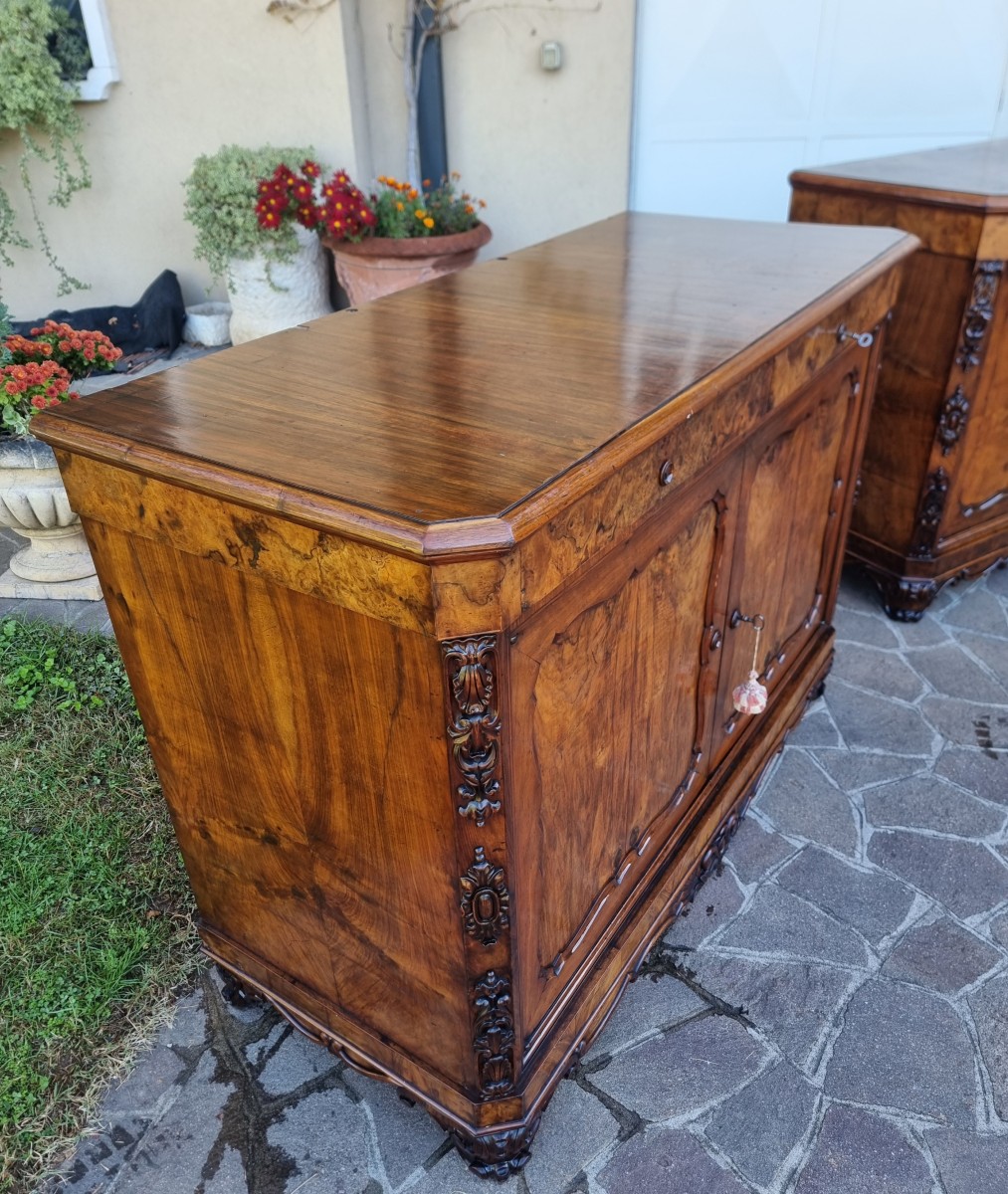 Coppia di credenze bolognesi 1830 Carlo X in radica di noce-photo-4