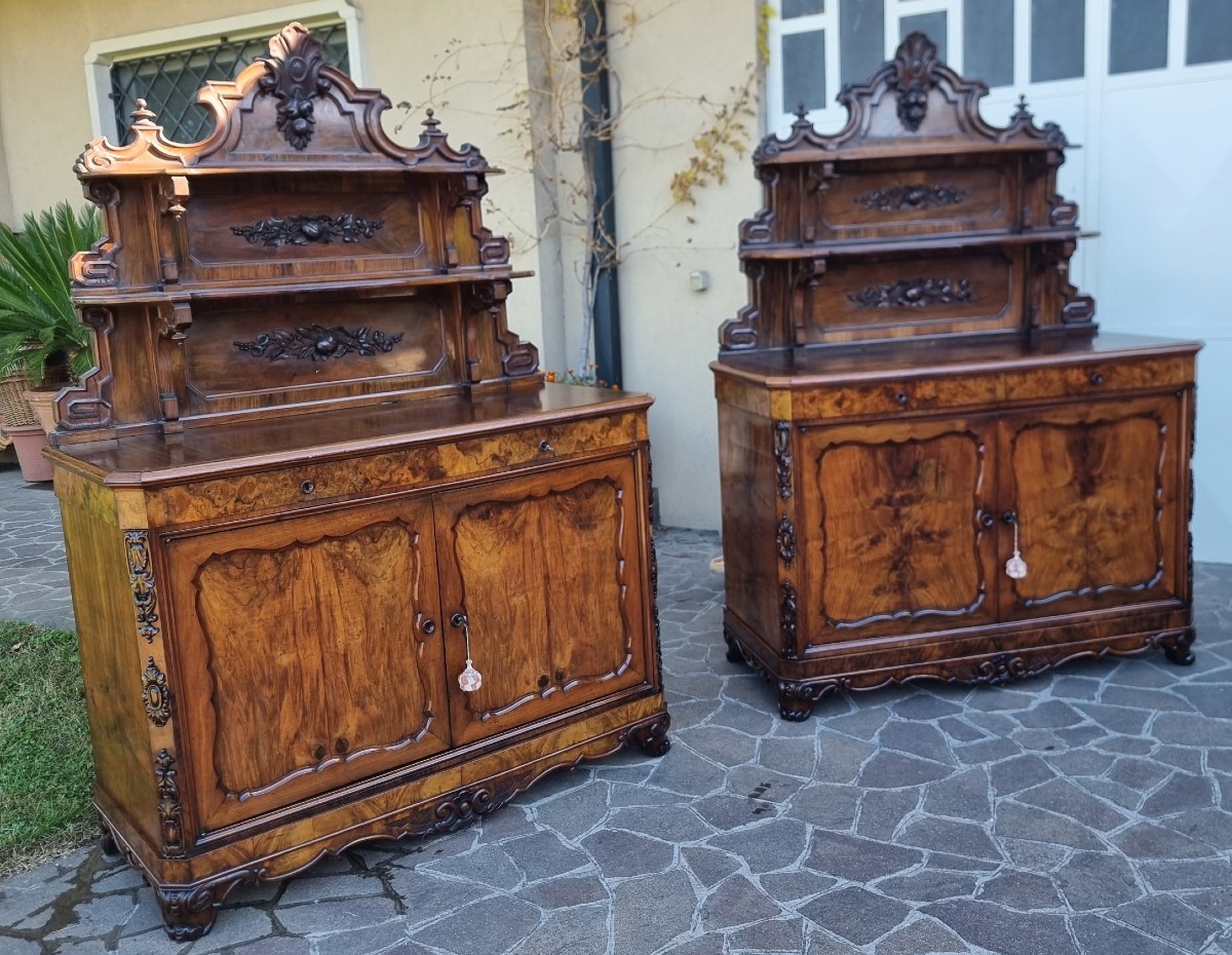 Coppia di credenze bolognesi 1830 Carlo X in radica di noce-photo-5