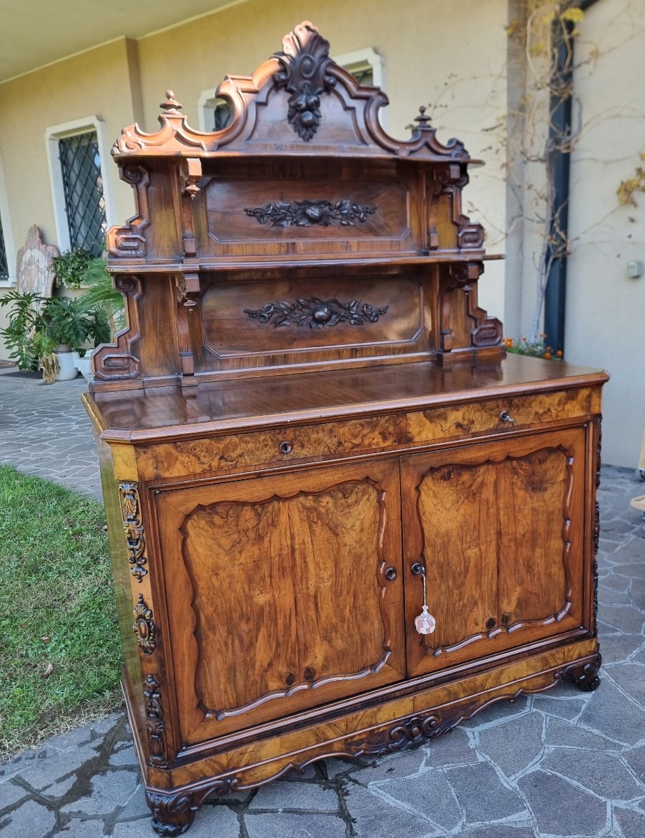 Coppia di credenze bolognesi 1830 Carlo X in radica di noce-photo-6