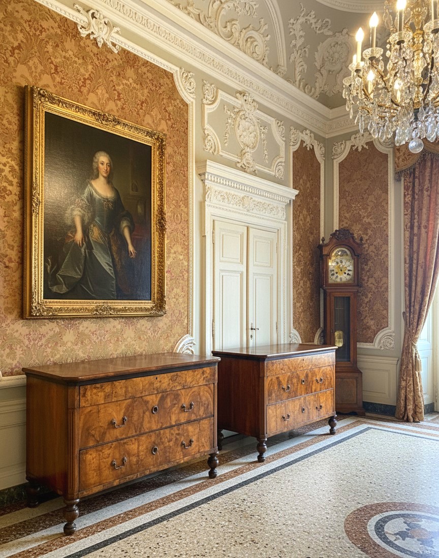 Coppia di cassettoni in noce con intarsi 1850