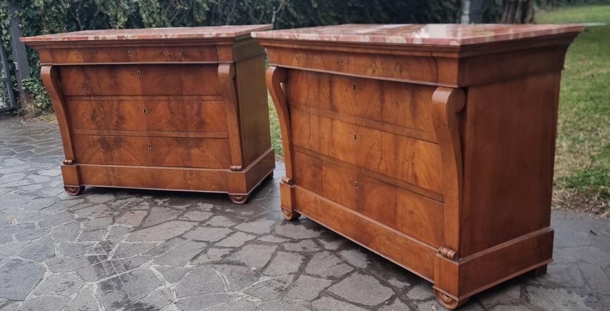 Coppia di cassettoni in noce Primo Impero 1810 con marmo Iran-photo-2