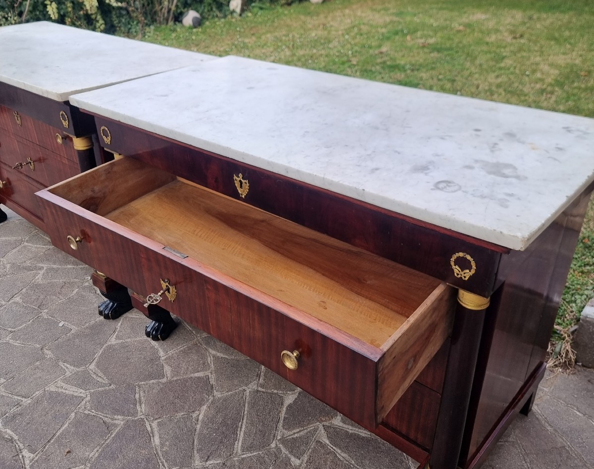 Coppia di cassettoni in mogano primo Impero 1810 marmo bianco-photo-4