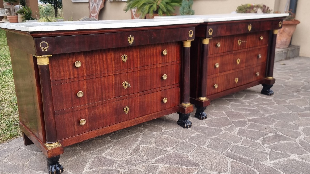 Coppia di cassettoni in mogano primo Impero 1810 marmo bianco-photo-2