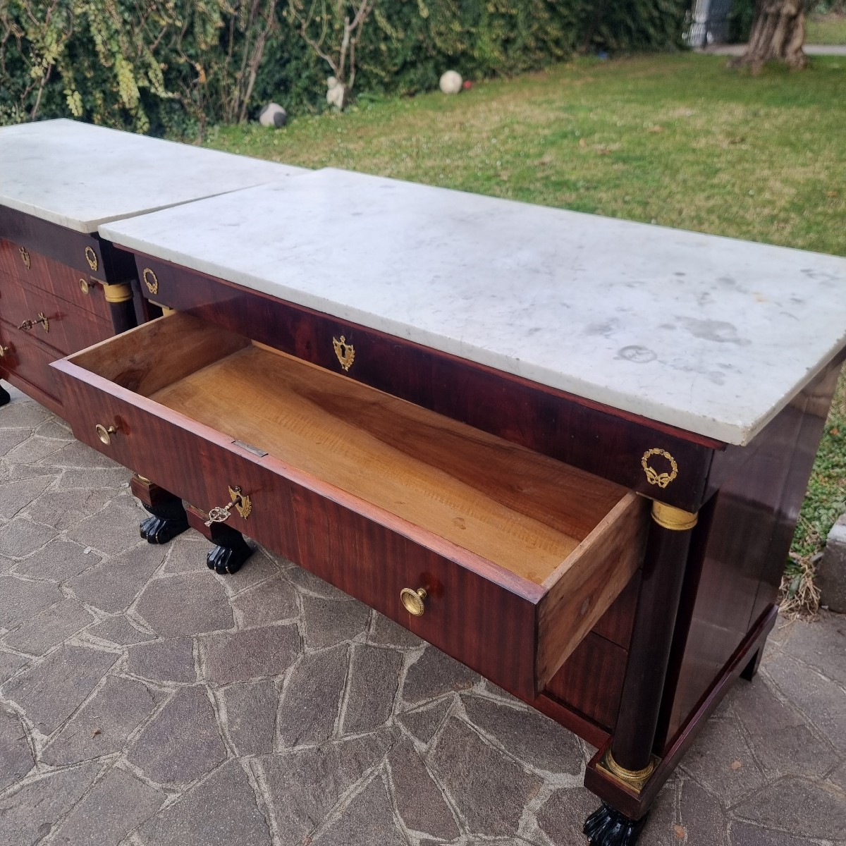 Coppia di cassettoni in mogano primo Impero 1810 marmo bianco-photo-5