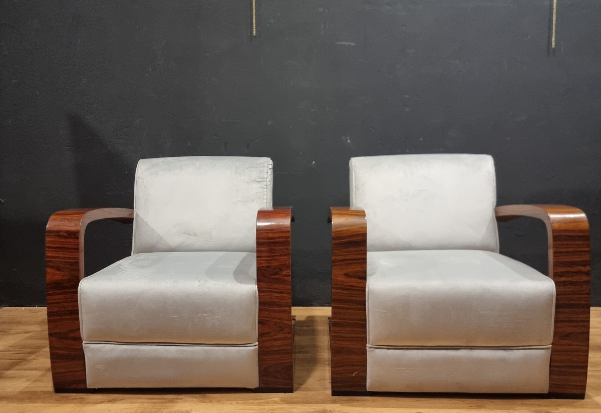 Coppia di poltrone stile vintage Art Decò braccioli in noce canaletto-photo-2