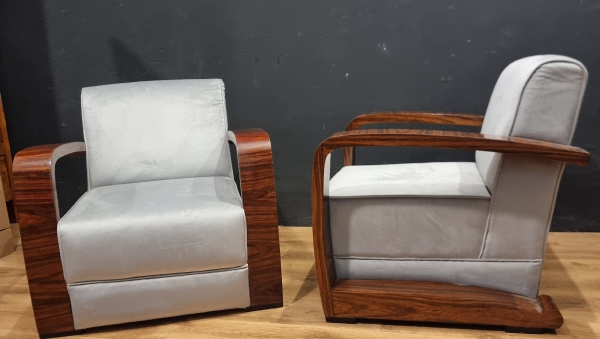 Coppia di poltrone stile vintage Art Decò braccioli in noce canaletto-photo-3