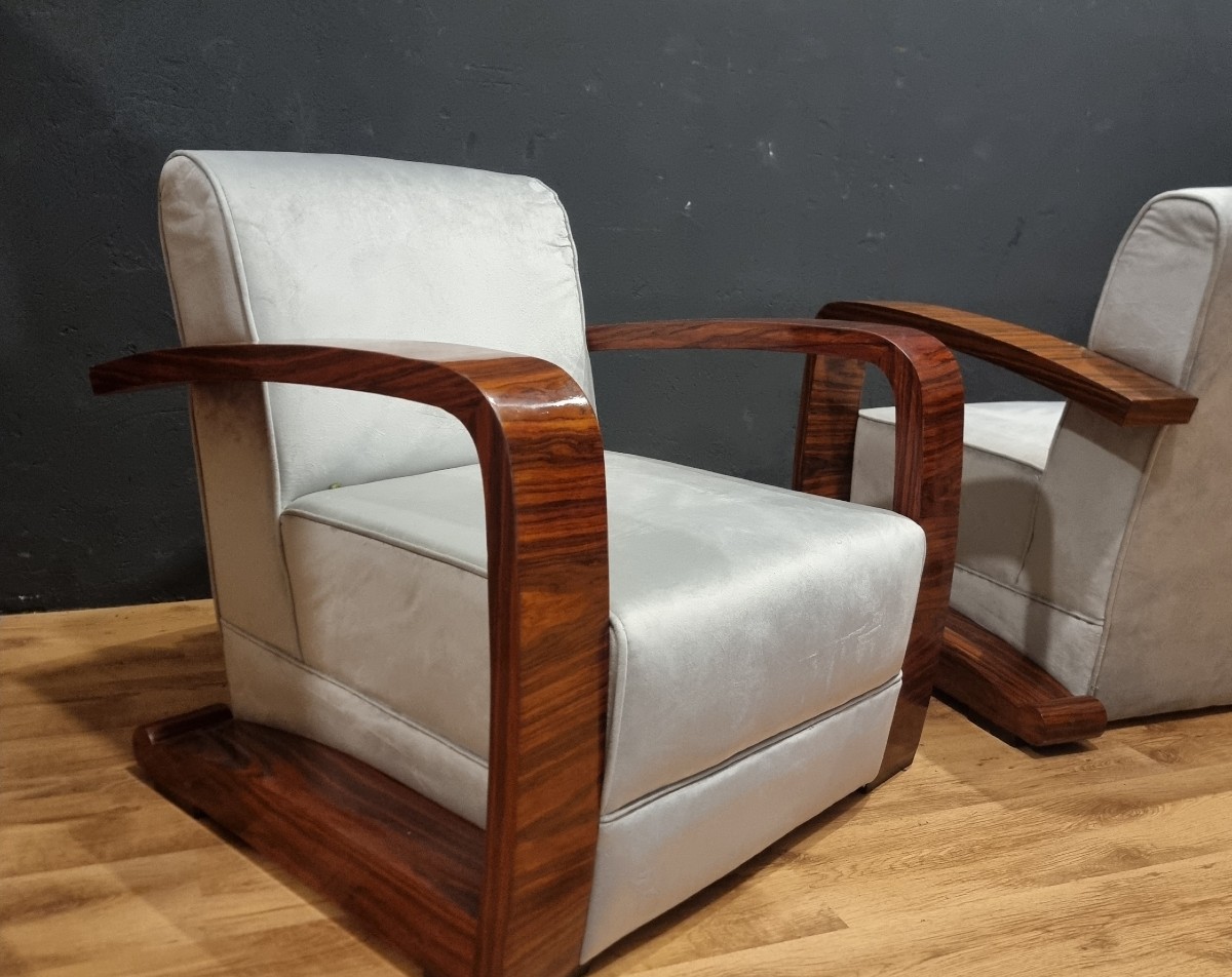 Coppia di poltrone stile vintage Art Decò braccioli in noce canaletto-photo-4