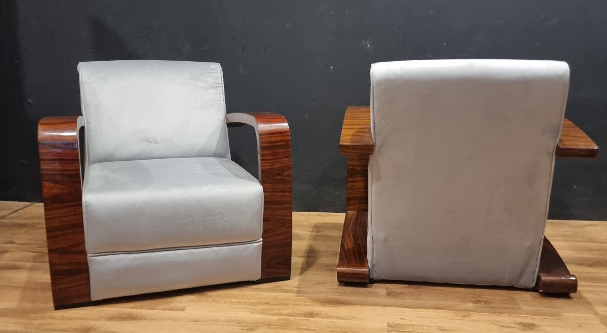 Coppia di poltrone stile vintage Art Decò braccioli in noce canaletto-photo-1