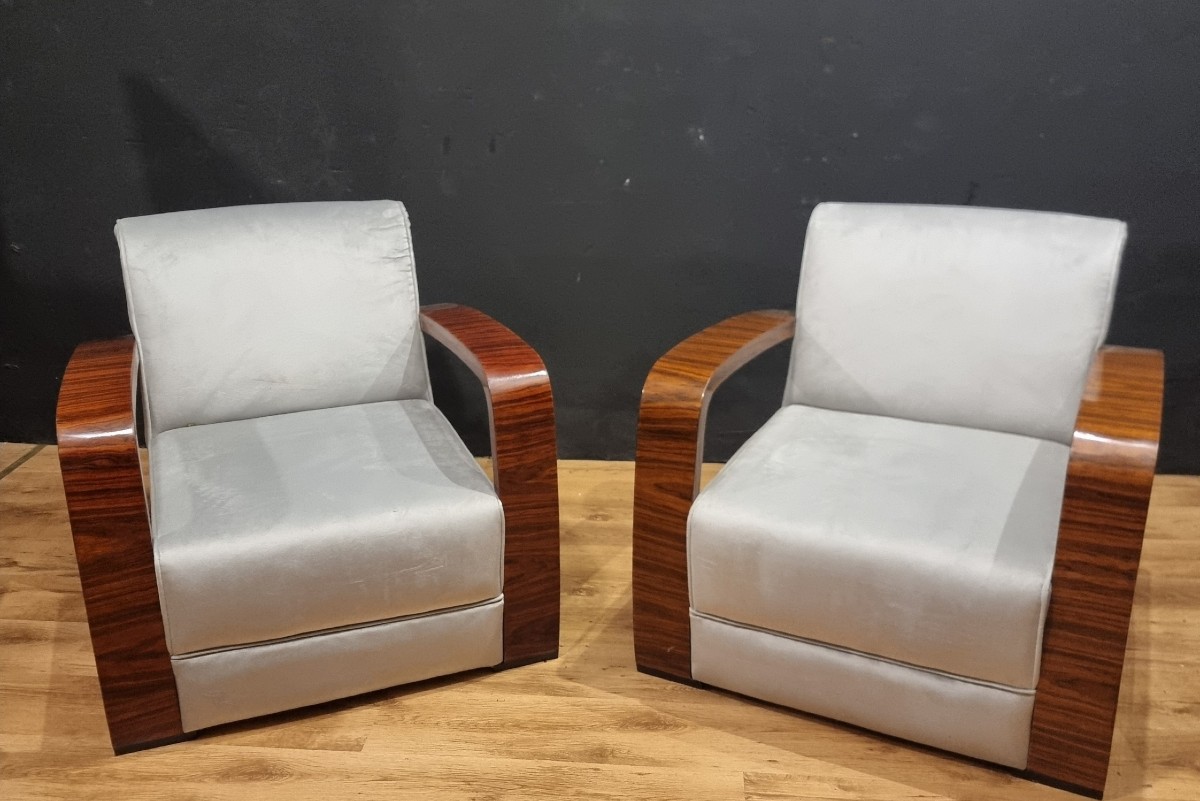 Coppia di poltrone stile vintage Art Decò braccioli in noce canaletto-photo-3