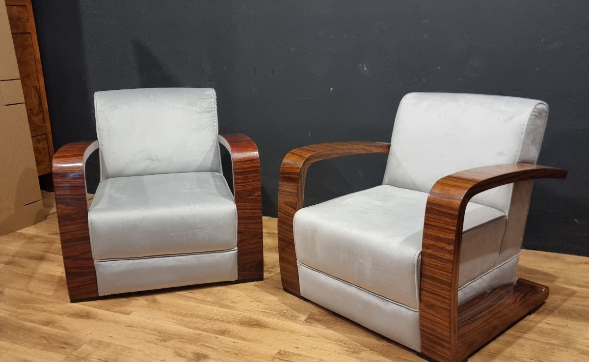 Coppia di poltrone stile vintage Art Decò braccioli in noce canaletto-photo-5