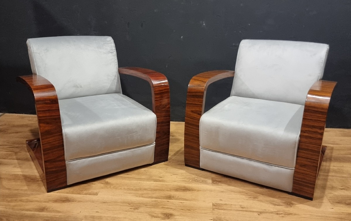 Coppia di poltrone stile vintage Art Decò braccioli in noce canaletto-photo-6