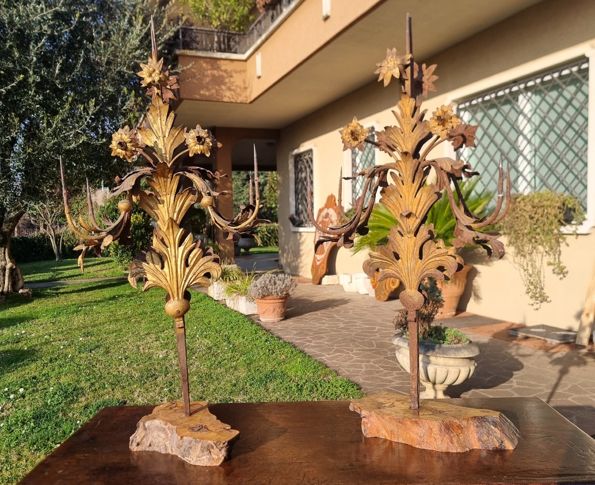 Coppia di candelabri del 1800 in lamierino dorato-photo-3