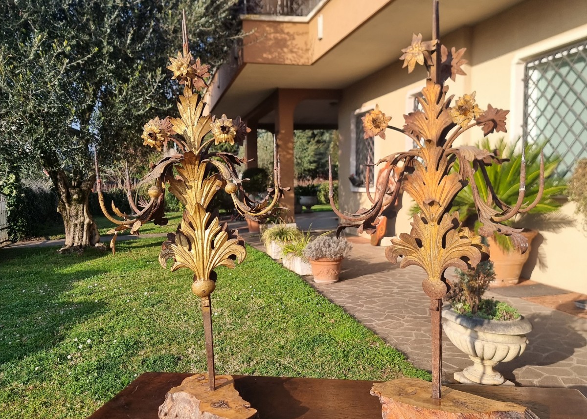 Coppia di candelabri del 1800 in lamierino dorato-photo-4