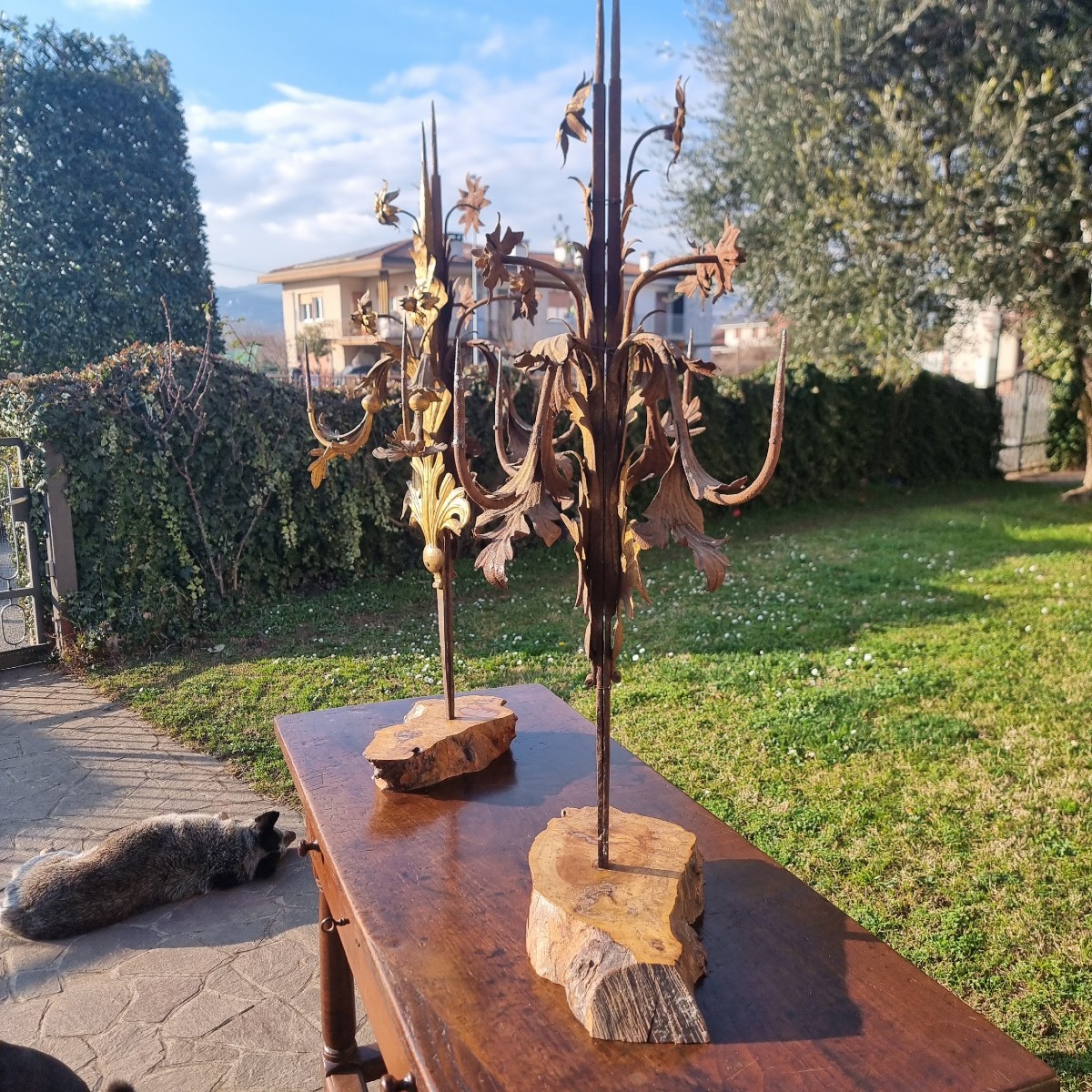 Coppia di candelabri del 1800 in lamierino dorato-photo-7