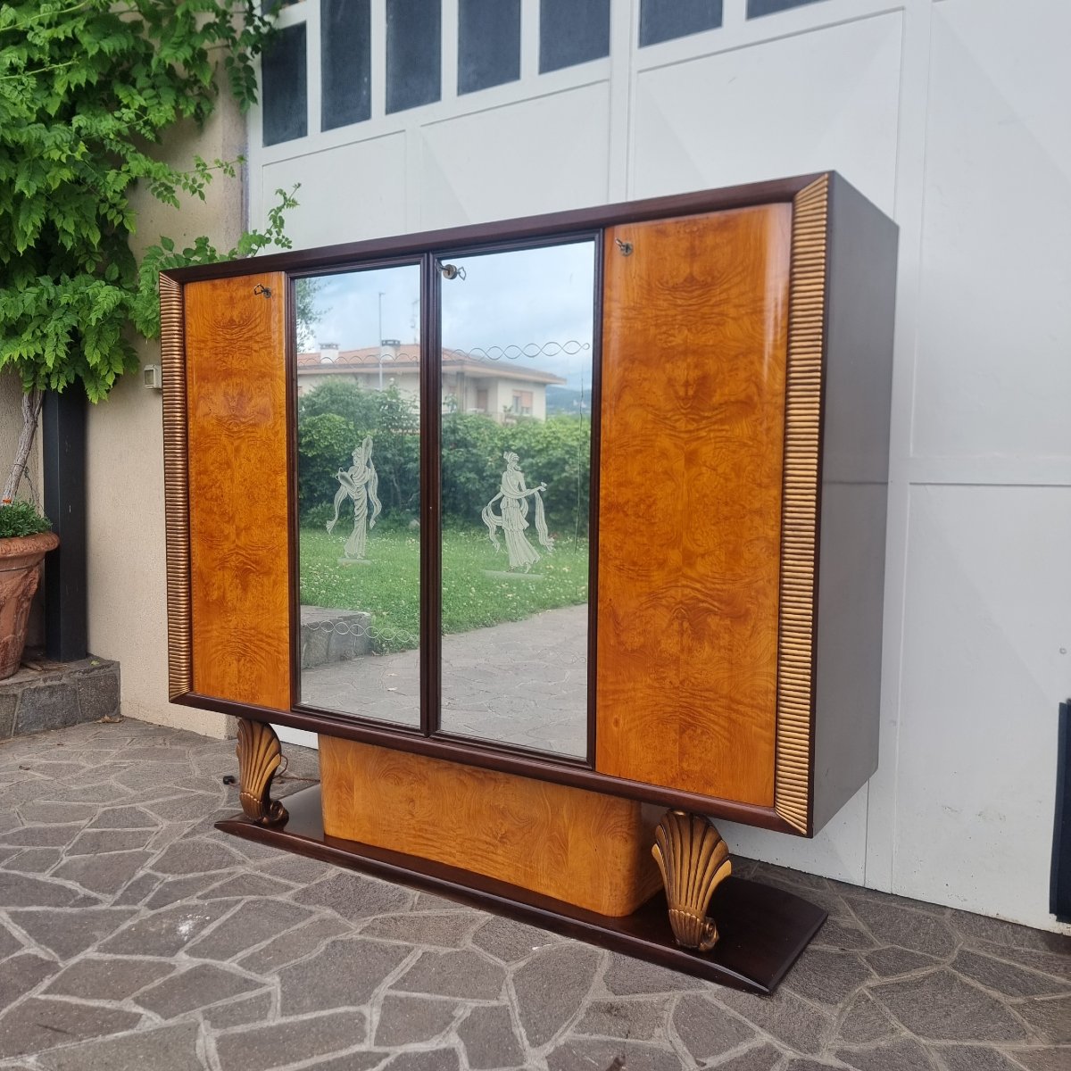Credenza bar anni 40 Art Decò noce e frassino
