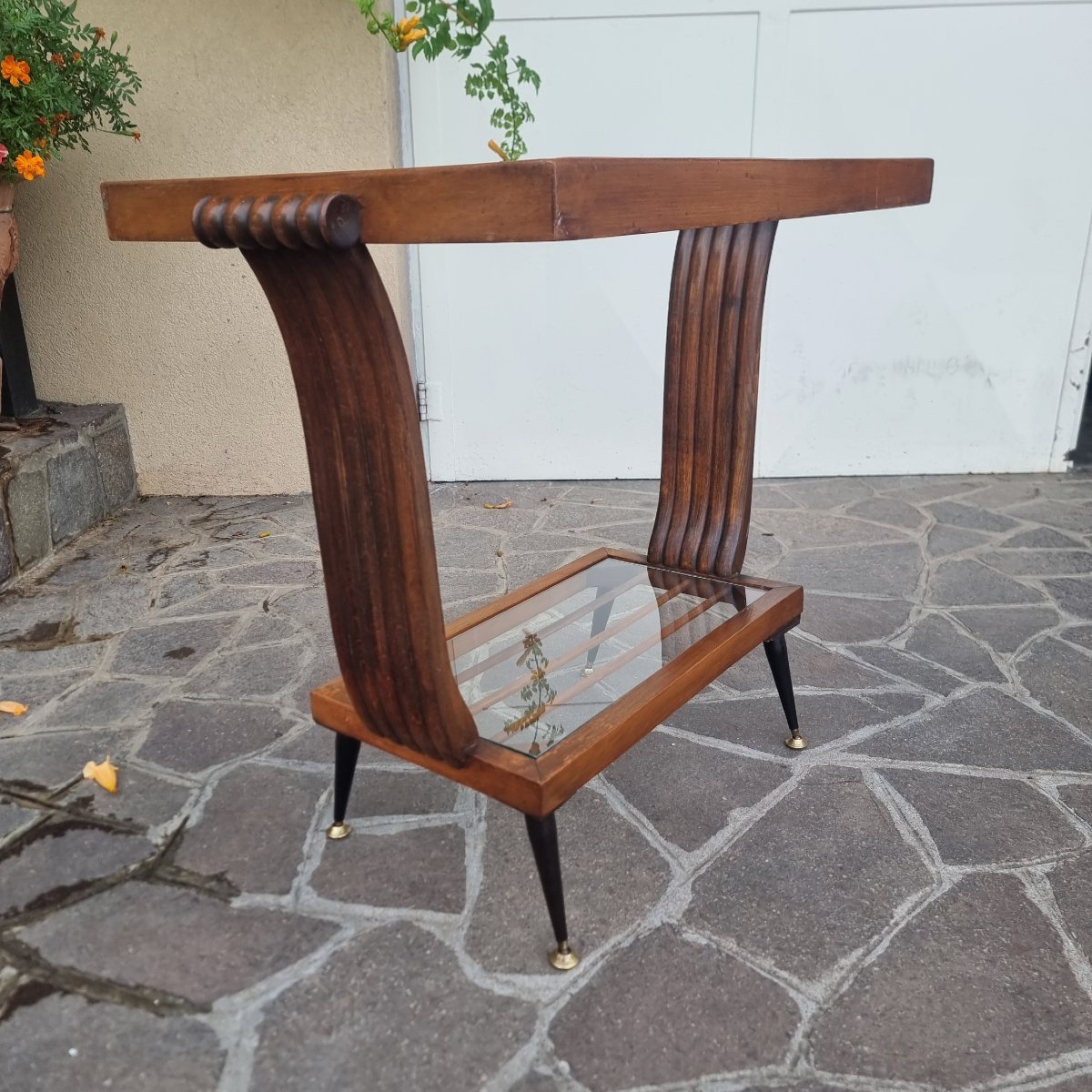 Tavolino Art decò in noce 1940 con basi in vetro-Parigi