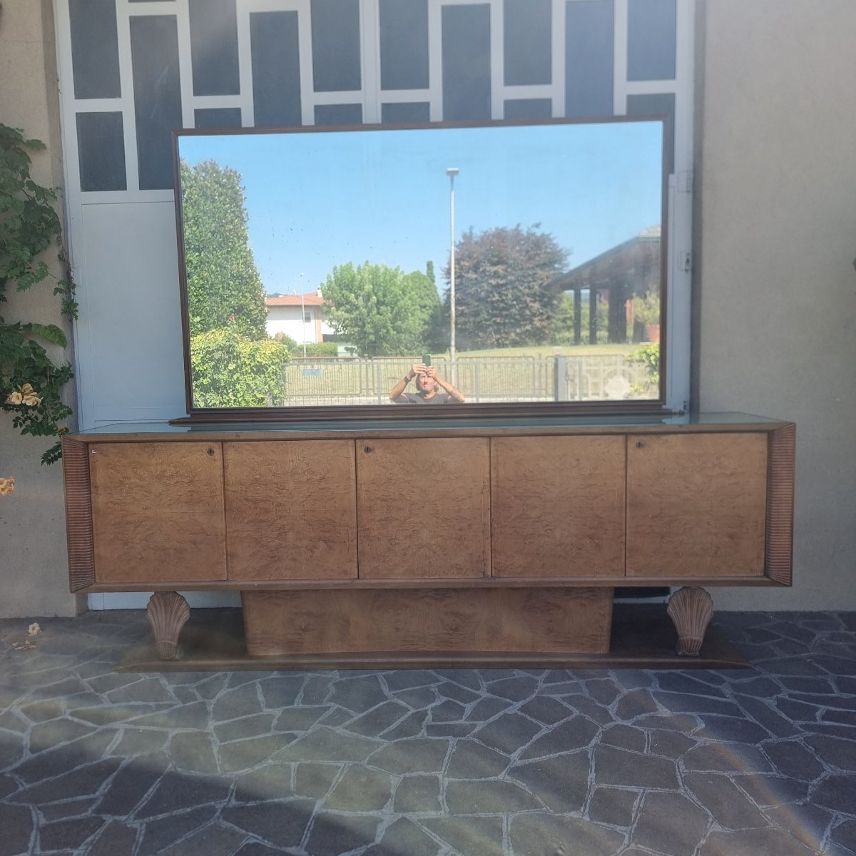 Credenza 1940/50 in radica di tuia e legno d’acero Decò con specchiera-photo-3