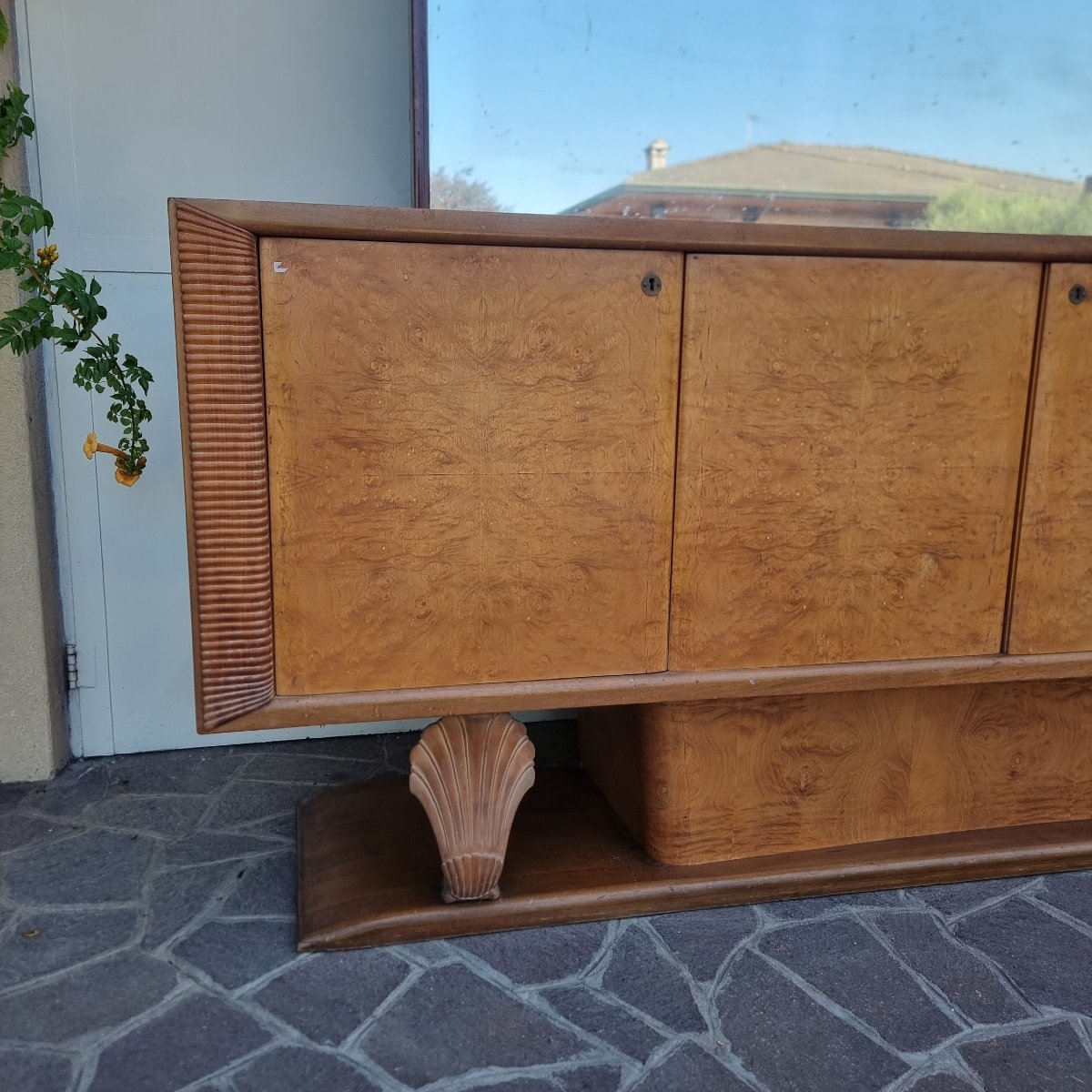Credenza 1940/50 in radica di tuia e legno d’acero Decò con specchiera-photo-4