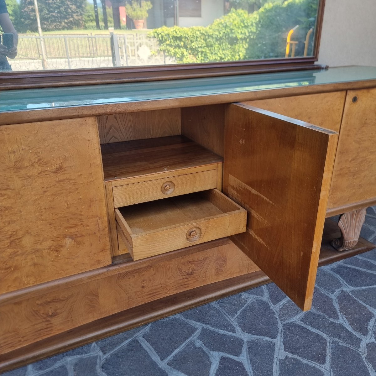 Credenza 1940/50 in radica di tuia e legno d’acero Decò con specchiera-photo-2