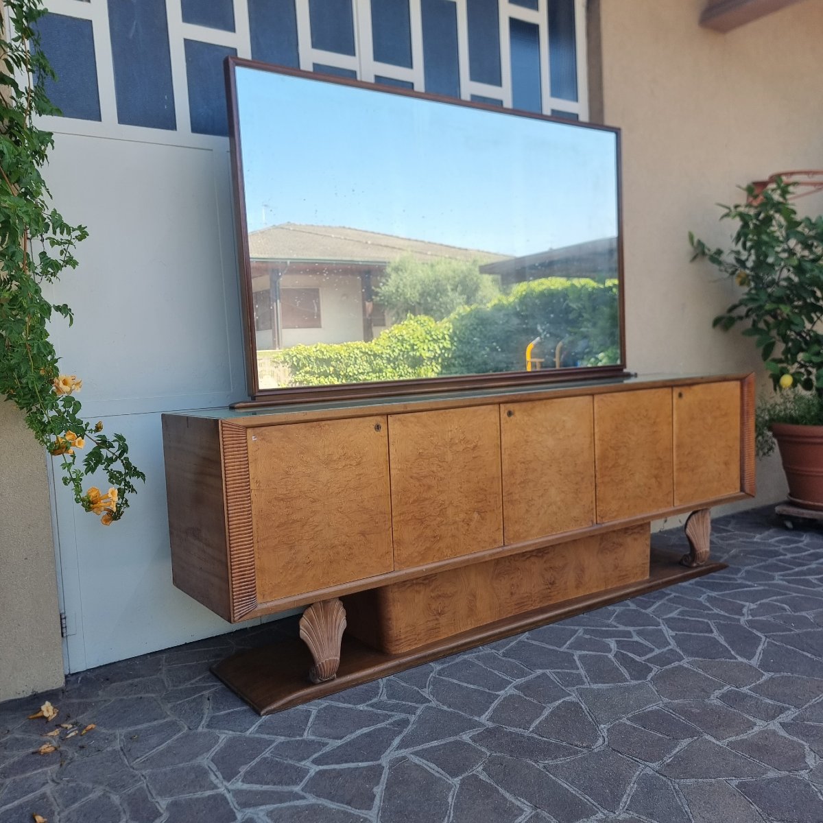 Credenza 1940/50 in radica di tuia e legno d’acero Decò con specchiera-photo-4