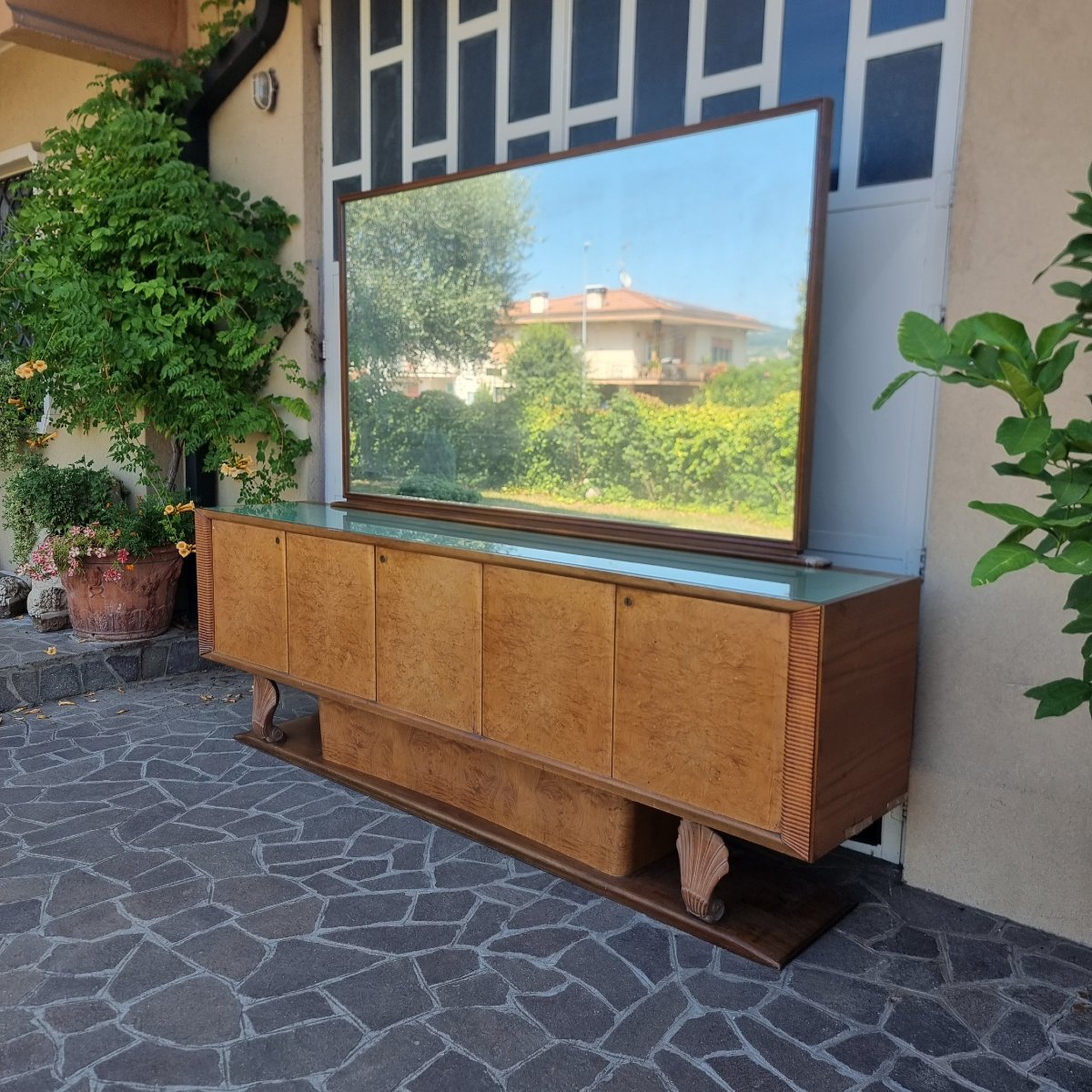 Credenza 1940/50 in radica di tuia e legno d’acero Decò con specchiera-photo-5