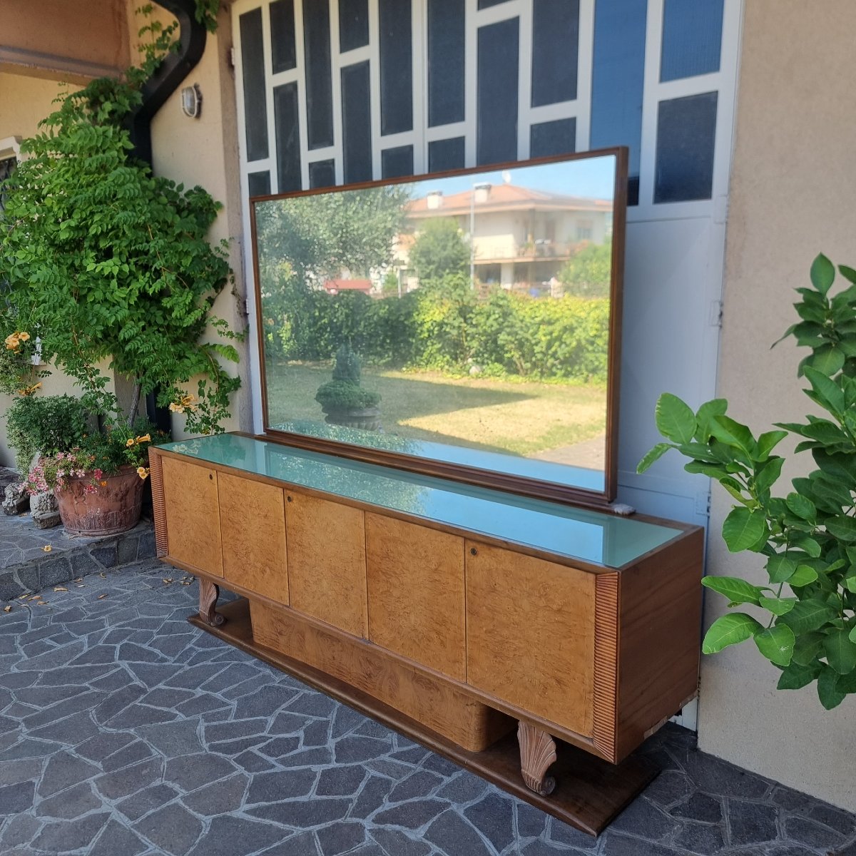 Credenza 1940/50 in radica di tuia e legno d’acero Decò con specchiera-photo-6
