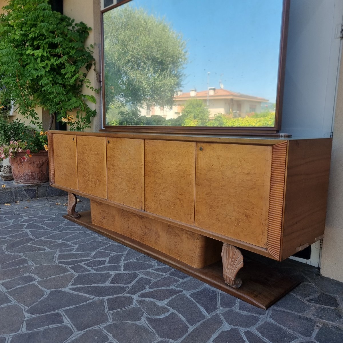 Credenza 1940/50 in radica di tuia e legno d’acero Decò con specchiera-photo-7
