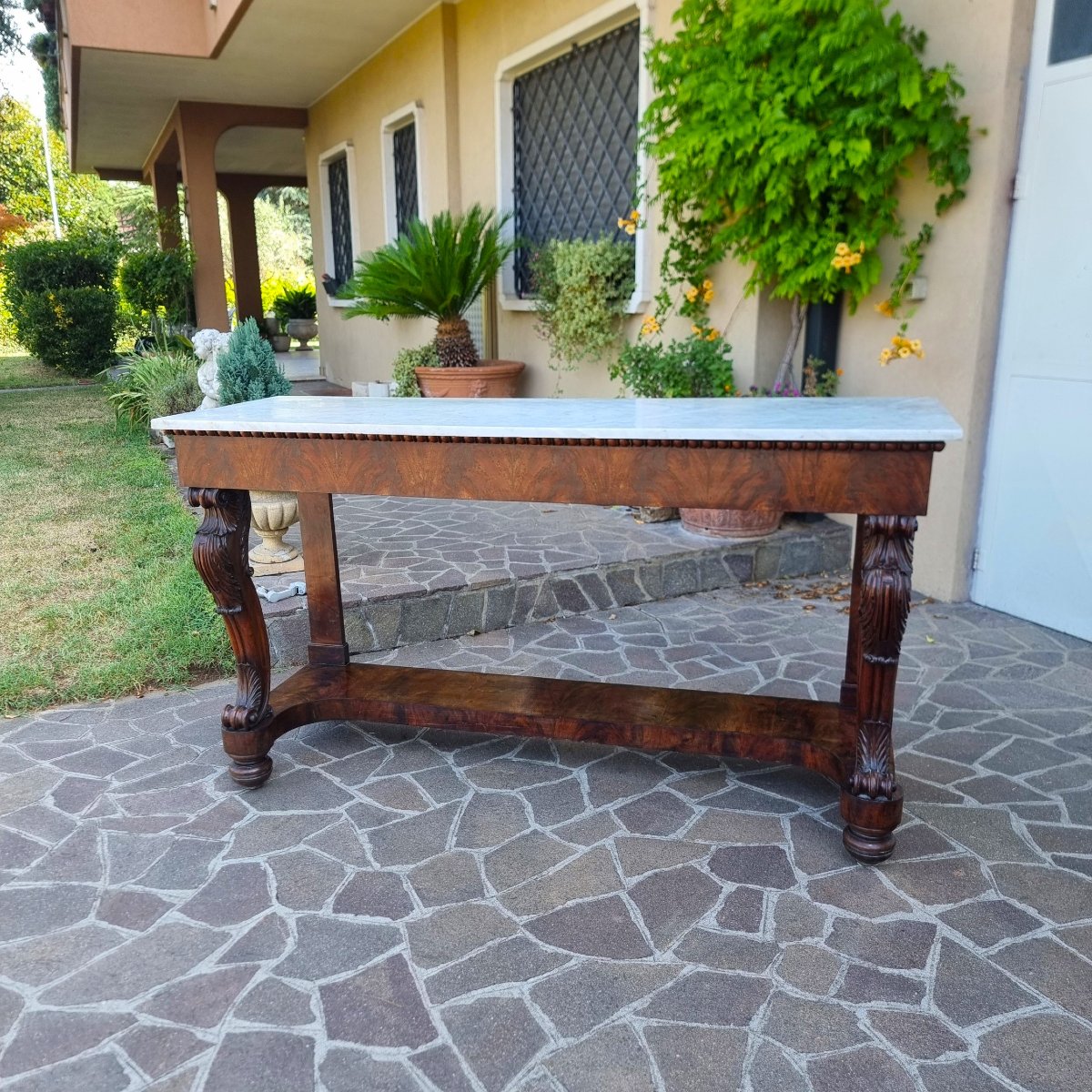 Grande consolle 1820 in mogano con piano marmo Carrara