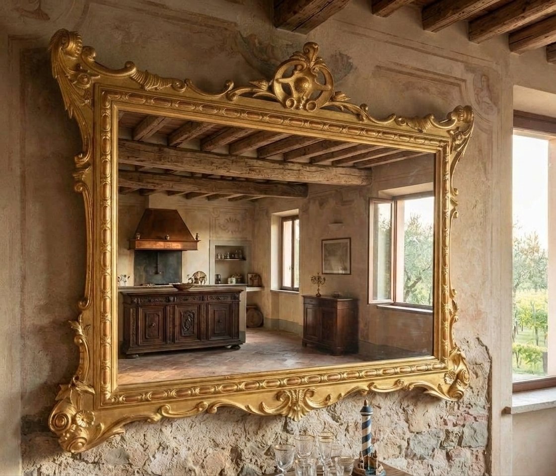 Specchiera lignea del 1850 oro foglia da villa antica toscana