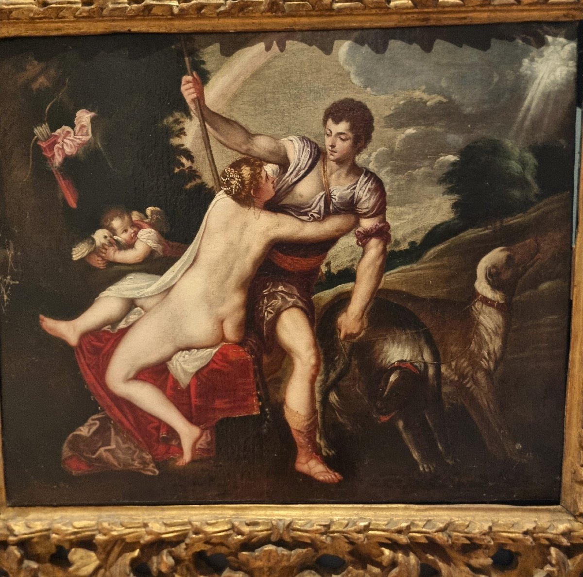 Olio su tela del 600 Venere e Adone Padovanino 1588-1649 da tema Tiziano-photo-2
