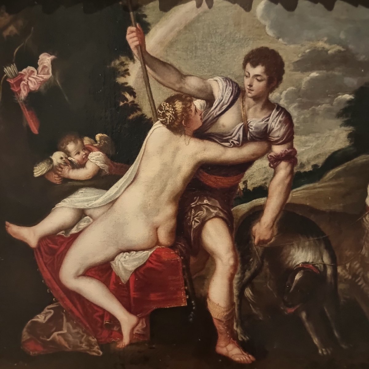 Olio su tela del 600 Venere e Adone Padovanino 1588-1649 da tema Tiziano-photo-1