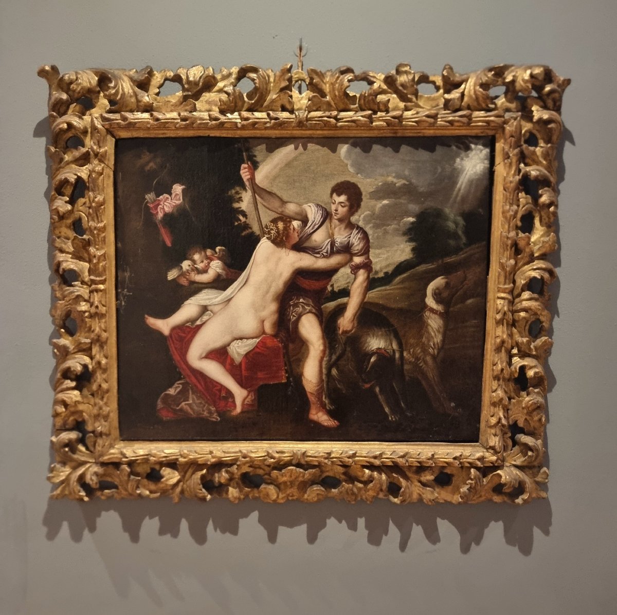 Olio su tela del 600 Venere e Adone Padovanino 1588-1649 da tema Tiziano