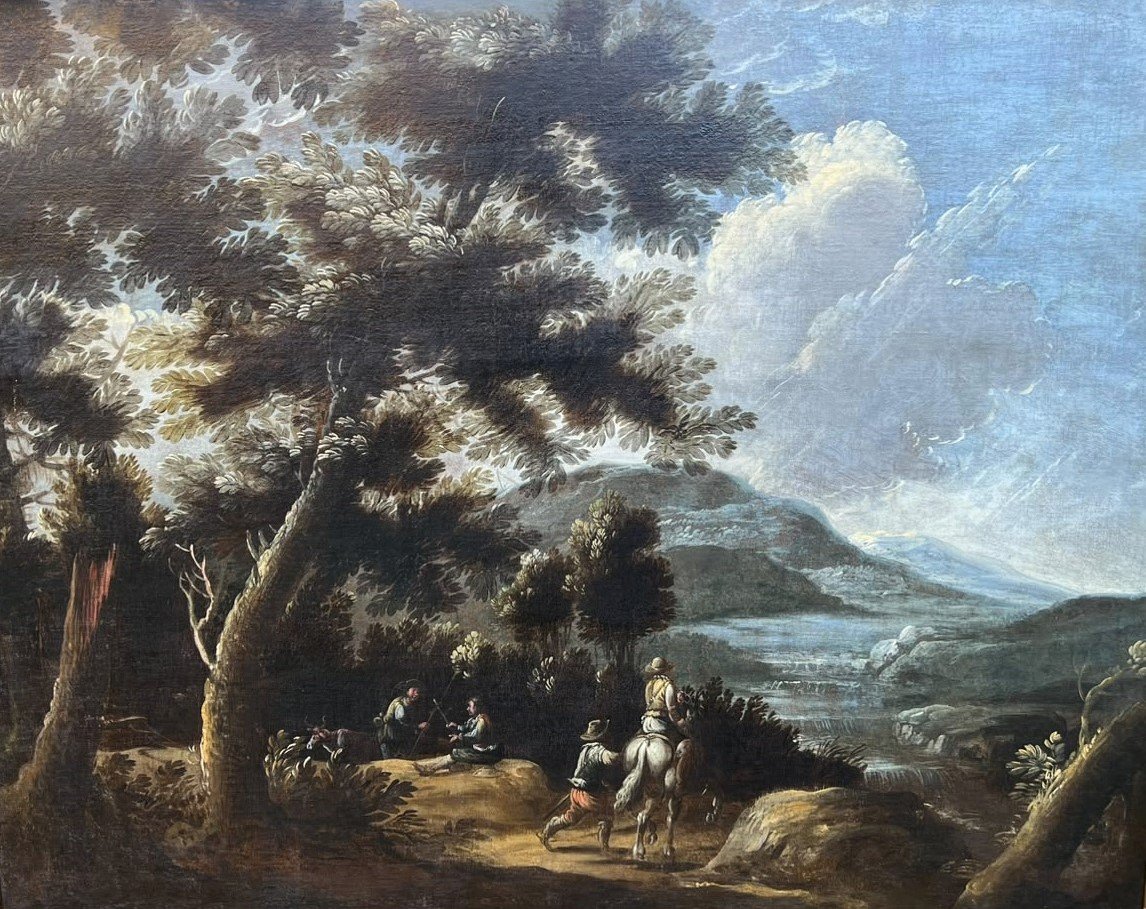 Coppia di paesaggi con personaggi olio su tela del 700 cerchia Claude-Joseph Vernet (1714–1789)-photo-4