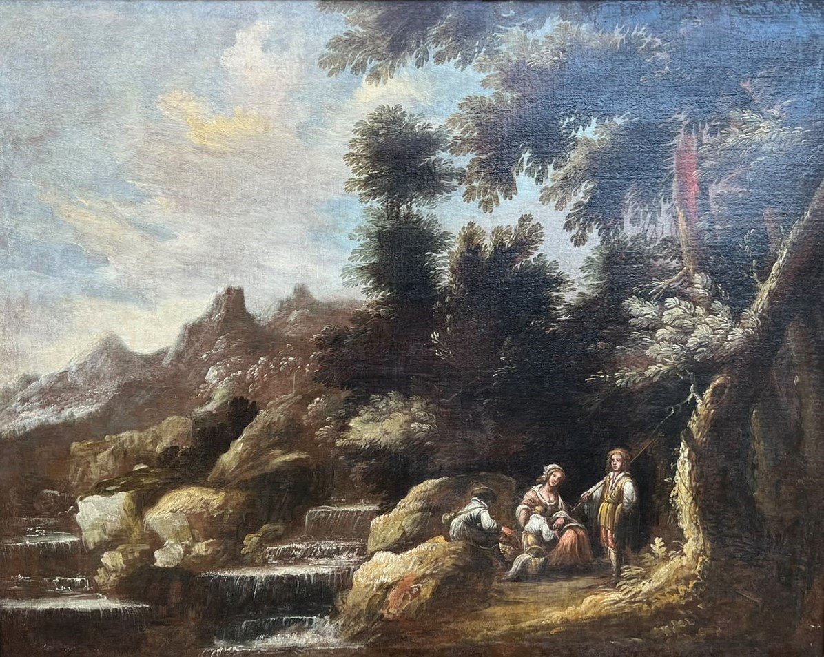 Coppia di paesaggi con personaggi olio su tela del 700 cerchia Claude-Joseph Vernet (1714–1789)-photo-4