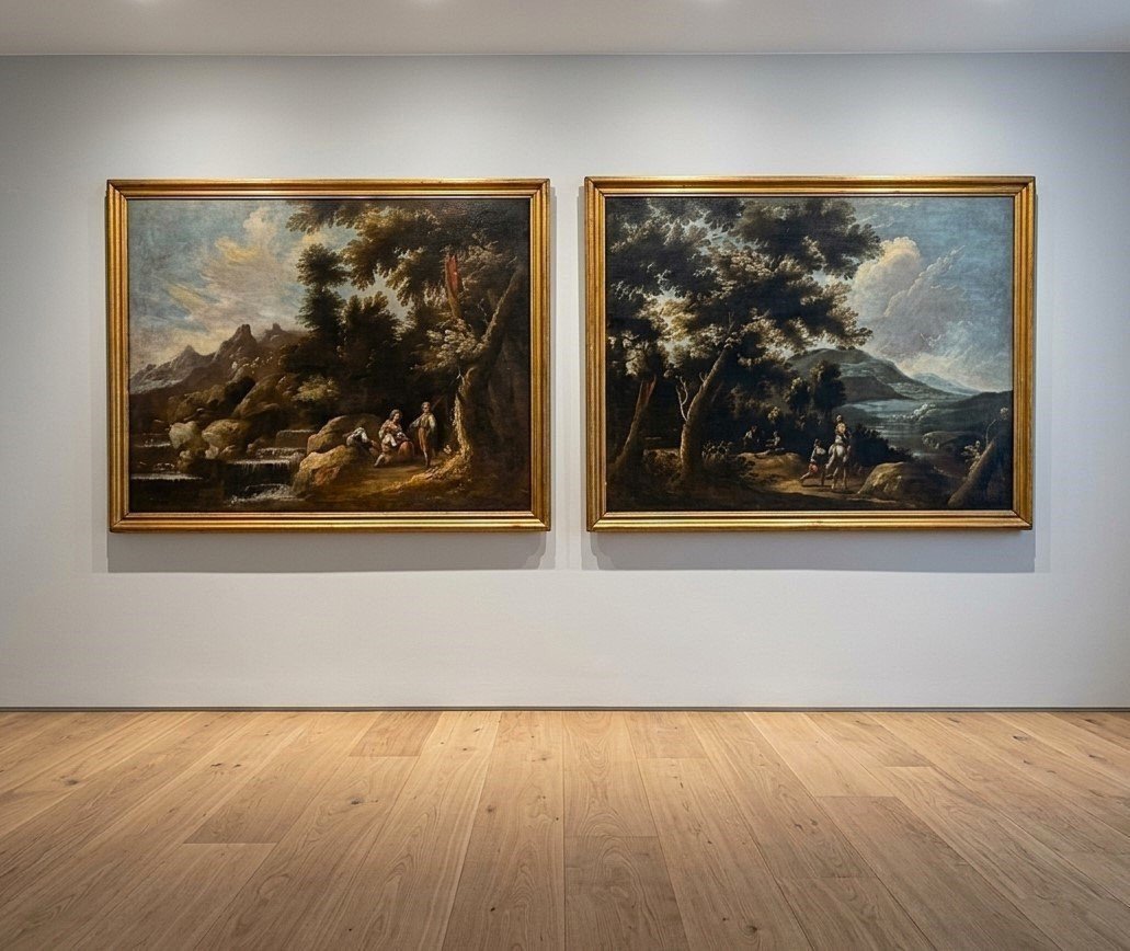 Coppia di paesaggi con personaggi olio su tela del 700 cerchia Claude-Joseph Vernet (1714–1789)