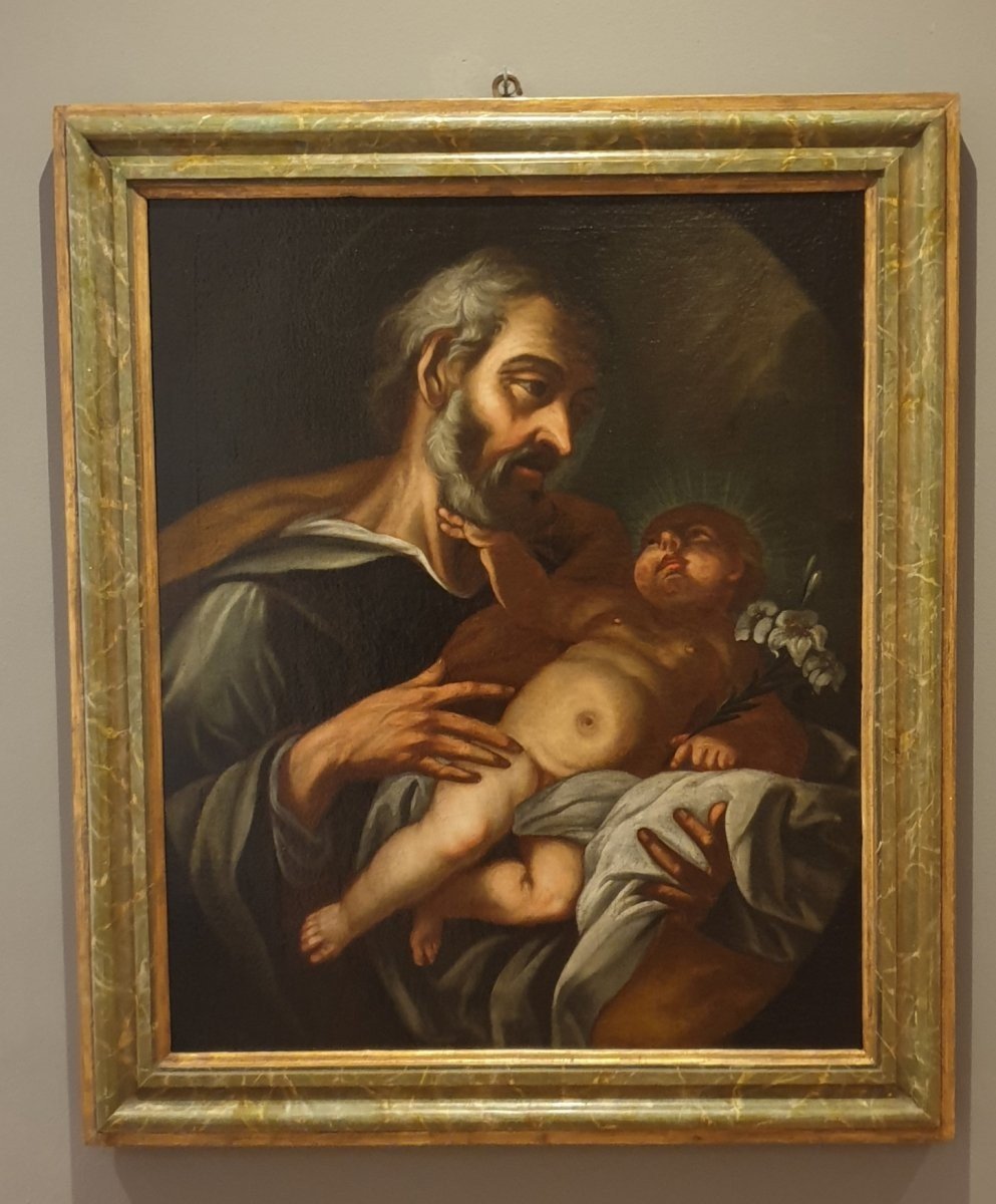 Huile Sur Toile Du 600 Représentant Saint-Joseph Avec l'Enfant