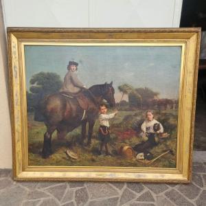 Olio su tela 800 paesaggio con dama a cavallo e fanciulli-Charles James 1851-1906 