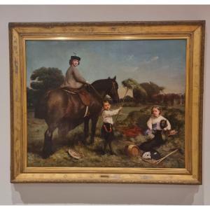 Olio su tela 800 paesaggio con dama a cavallo e fanciulli-Charles James 1851-1906