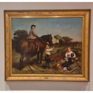 Olio su tela 800 paesaggio con dama a cavallo e fanciulli-Charles James 1851-1906