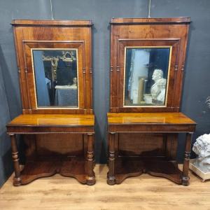 Coppia di consolles in noce Carlo X 1820 con specchiere